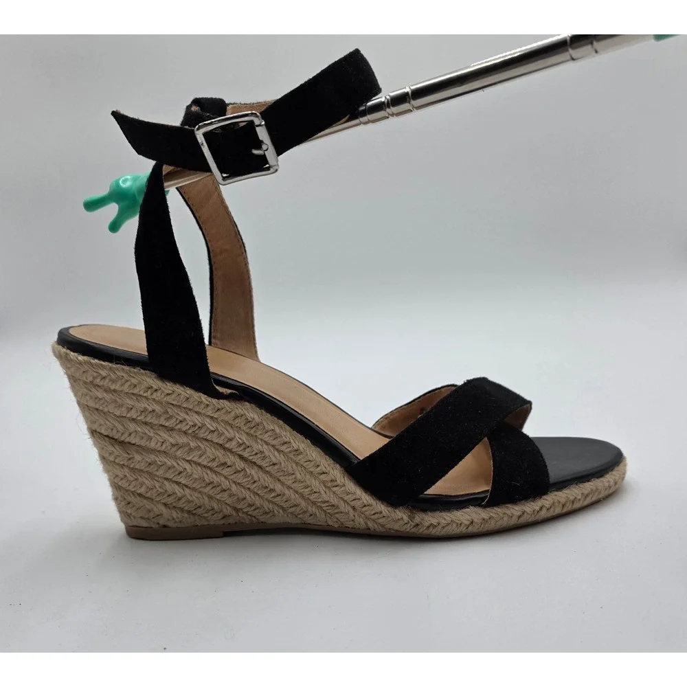 Old Navy Black Suede Espadrille Wedge Sandals Ankle Strap Women‎ Size 9.5